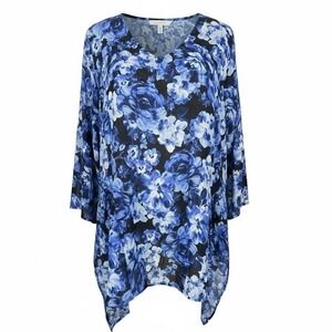 NEW Slim Factor by Investments Blue Floral Print V Neck Tunic Top Womens Size 1x